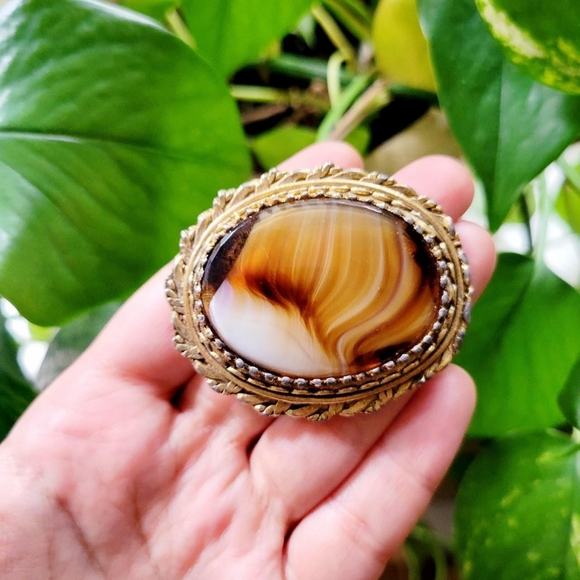 Vintage Agate Gemstone Boucher Brooch Pin - Picture 6 of 8